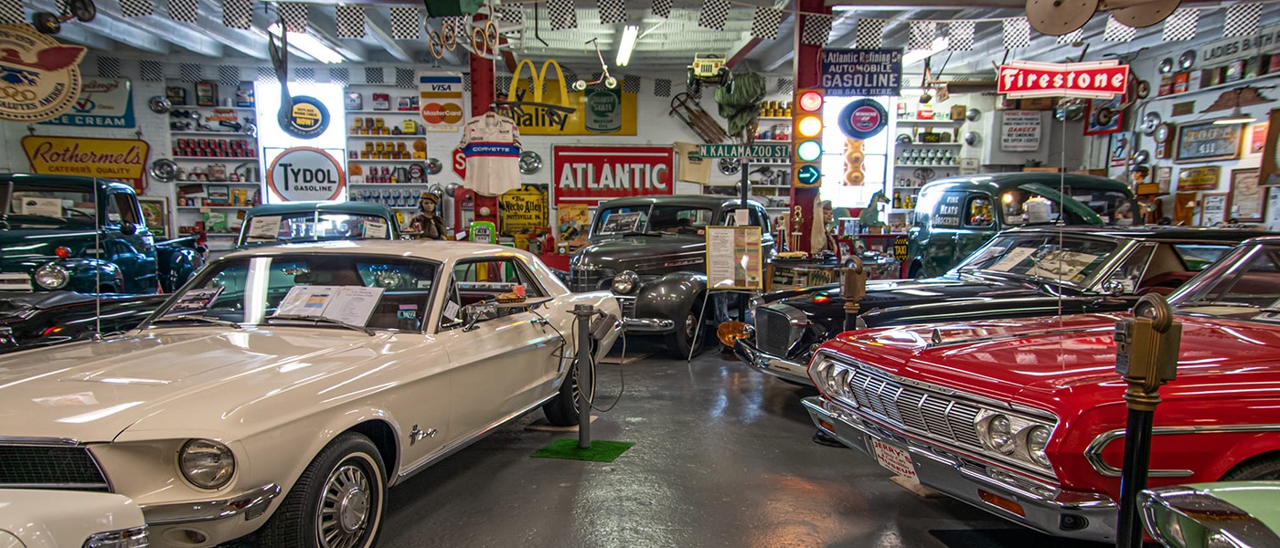 inside vintage car museum