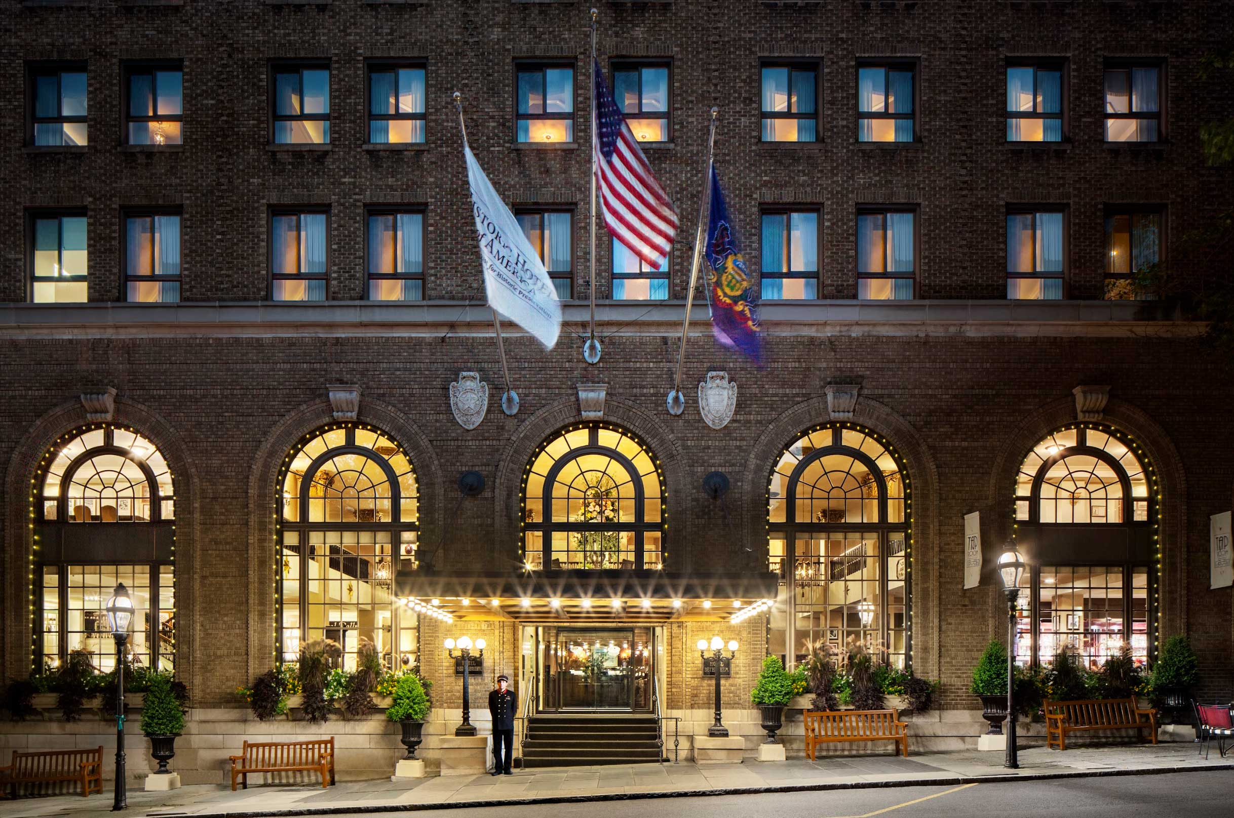 Historic Hotel Bethlehem building at night