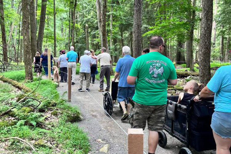 A group of people walking on a forest trail, some with wheelchairs and strollers. Trees and greenery surround the path.
