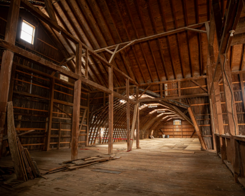 Interior of an attic with rafters